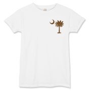A chocolate brown palmetto and crescent moon. The palmetto is a symbol of South Carolina pride. Buy the chocolate brown palmetto moon printed in the pocket area of a t-shirt, sweatshirt, or other apparel item.
