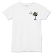 This pocket sized version of Earth and Moon palmetto and crescent moon features a photo of the Earth as the background for the palmetto and a photo of the Moon as a background for the crescent.