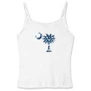 Blue Polka Dots South Cackalacky Deluxe Women's Fitted Spaghetti Strap Tank feature the polka dot South Carolina palmetto moon logo in blue on the back and a smaller, matching palmetto moon on the front.