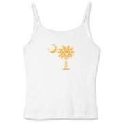 Yellow Polka Dots South Cackalacky Deluxe Women's Fitted Spaghetti Strap Tank feature the polka dot South Carolina palmetto moon logo in yellow on the back and a smaller, matching palmetto moon on the front.
