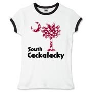 Garnet and Black Polka Dots South Cackalacky Palmetto Moon Women's Fitted Ringer Tee features a Polka Dot South Carolina palmetto moon logo in garnet.