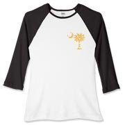 Yellow Polka Dots South Cackalacky Deluxe Women's Fitted Baseball Tee feature the polka dot South Carolina palmetto moon logo in yellow on the back and a smaller, matching palmetto moon on the front.