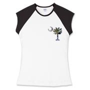 This pocket sized version of Earth and Moon palmetto and crescent moon features a photo of the Earth as the background for the palmetto and a photo of the Moon as a background for the crescent.