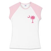 A pink palmetto and crescent moon. The palmetto is a symbol of South Carolina pride. Buy the pink palmetto moon printed in the pocket area of a t-shirt, sweatshirt, or other apparel item.
