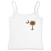 A chocolate brown palmetto and crescent moon. The palmetto is a symbol of South Carolina pride. Buy the chocolate brown palmetto moon printed in the pocket area of a t-shirt, sweatshirt, or other apparel item.