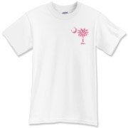 Pink Polka Dot Palmetto Moon T-Shirt features a small pink palmetto moon with white polka dots printed in the pocket area.