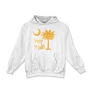 Say hello with the Yellow Hey Y'all Palmetto Moon Kids Hooded Sweatshirt. It features the South Carolina palmetto moon.