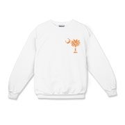 Orange Polka Dot Palmetto Moon Kids Crewneck Sweatshirt features a small orange palmetto moon with white polka dots printed in the pocket area.