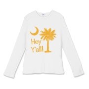Say hello with the Yellow Hey Y'all Palmetto Moon Women's Fitted Baby Rib Long Sleeve Tee. It features the South Carolina palmetto moon.