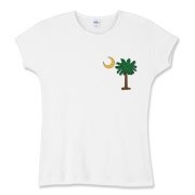 Celebrate a Palmetto Christmas in South Carolina with a Christmas Palmetto Moon T-Shirt, Sweatshirt, or other apparel item. This version features a pocket sized version of the Christmas Tree Palmetto.