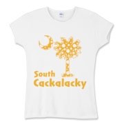 Yellow Polka Dots South Cackalacky Palmetto Moon Women's Fitted Baby Rib Tee features a Polka Dot South Carolina palmetto moon logo in yellow.
