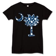 Blue Polka Dot Palmetto Moon Women's T-Shirt features a blue palmetto moon with white polka dots and is a fun variation on the South Carolina flag palmetto logo.