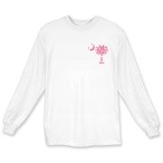 Pink Polka Dot Palmetto Moon Long Sleeve T-Shirt features a small pink palmetto moon with white polka dots printed in the pocket area.