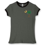 Buy a Christmas Palmetto Moon Women's Fitted Ringer Tee and have a Merry Christmas, South Carolina style. This version features a pocket sized version of the Christmas Tree Palmetto Moon.