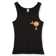 Buy an Orange Polka Dot Palmetto Moon Women's Fitted Tank Top that features a orange palmetto moon with white polka dots printed smaller on the left chest area.
