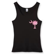Buy a Pink Polka Dot Palmetto Moon Women's Fitted Tank Top that features a pink palmetto moon with white polka dots printed smaller on the left chest area.