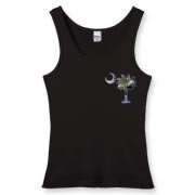 Buy an Earth and Moon Palmetto Women's Fitted Tank Top featuring a smaller palmetto printed on the left chest area with a photo of the Earth and Moon in the background. The palmetto moon is a symbol of South Carolina pride.