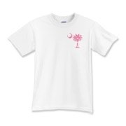 Pink Polka Dot Palmetto Moon Kids T-Shirt features a small pink palmetto moon with white polka dots printed in the pocket area.
