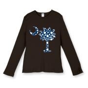 Buy a Blue Polka Dot Palmetto Moon Women's Fitted Baby Rib Long Sleeve Tee that features a blue palmetto moon with white polka dots.