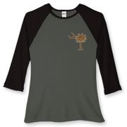 Buy a Chocolate Brown Palmetto Moon Women's Fitted Baseball Tee featuring a smaller palmetto printed on the left chest area. The palmetto moon is a symbol of South Carolina pride.