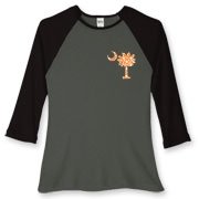 Buy an Orange Polka Dot Palmetto Moon Women's Fitted Baseball Tee that features a orange palmetto moon with white polka dots printed smaller on the left chest area.