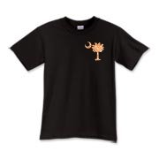 Orange Polka Dot Palmetto Moon Kids T-Shirt features a small orange palmetto moon with white polka dots printed in the pocket area.