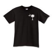 White South Cackalacky Palmetto Moon Kids T-Shirt features the South Carolina palmetto moon logo in white on the back and a smaller, matching palmetto moon on the front.