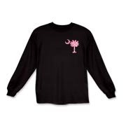 Pink Polka Dot Palmetto Moon Kids Long Sleeve T-Shirt features a small pink palmetto moon with white polka dots printed in the pocket area.