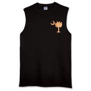 Orange Polka Dot Palmetto Moon Sleeveless T-Shirt features a small orange palmetto moon with white polka dots printed in the pocket area.