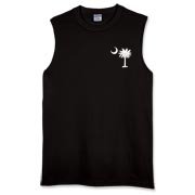 White South Cackalacky Palmetto Moon Sleeveless T-Shirt features the South Carolina palmetto moon logo in white on the back and a smaller, matching palmetto moon on the front.