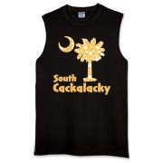 Yellow Polka Dots South Cackalacky Palmetto Moon Sleeveless T-Shirt features a Polka Dot South Carolina palmetto moon logo in yellow.