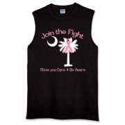 Join the fight against breast cancer in South Carolina! Show you care and be aware with a Join the Fight Pink Ribbon Palmetto Moon Sleeveless T-Shirt. Proceeds from Pink Ribbon Palmetto Moon Join the Fight products donated to help find a cure.