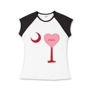 A Candy Heart Palmetto Moon for an Angel! Perfect for Valentine's Day, it features a pink candy heart on the South Carolina Palmetto Moon with Angel.