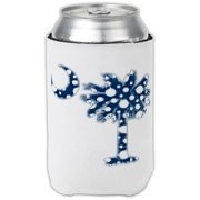 Blue Polka Dot Palmetto Moon Can Cooler features a blue palmetto moon with white polka dots and is a fun variation on the South Carolina flag palmetto logo.