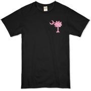 Pink Polka Dot Palmetto Moon Organic T-Shirt features a small pink palmetto moon with white polka dots printed in the pocket area.