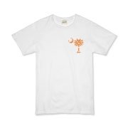 Orange Polka Dot Palmetto Moon Organic Kids T-Shirt features a small orange palmetto moon with white polka dots printed in the pocket area.