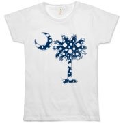 Blue Polka Dot Palmetto Moon Organic Women's T-Shirt features a blue palmetto moon with white polka dots and is a fun variation on the South Carolina flag palmetto logo.