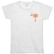 Orange Polka Dot Palmetto Moon Organic Women's T-Shirt features a small orange palmetto moon with white polka dots printed in the pocket area.