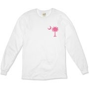 The pink palmetto and crescent moon pocket print design is a symbol of South Carolina pride. Buy pink palmetto t-shirts, sweatshirts or other clothing items with the palmetto moon printed on the pocket area.
