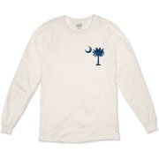 The blue palmetto and crescent moon pocket print design is a symbol of South Carolina pride. Buy blue palmetto t-shirts, sweatshirts or other clothing items with the palmetto moon printed on the pocket area.