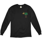 Celebrate a Palmetto Christmas in South Carolina with a Christmas Palmetto Moon T-Shirt, Sweatshirt, or other apparel item. This version features a pocket sized version of the Christmas Tree Palmetto.