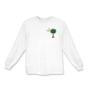 Celebrate a Palmetto Christmas in South Carolina with a Christmas Palmetto Moon T-Shirt, Sweatshirt, or other apparel item. This version features a pocket sized version of the Christmas Tree Palmetto.