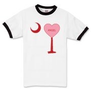 A Candy Heart Palmetto Moon for an Angel! Perfect for Valentine's Day, it features a pink candy heart on the South Carolina Palmetto Moon with Angel.