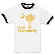 Yellow Polka Dots South Cackalacky Palmetto Moon Ringer T-Shirt features a Polka Dot South Carolina palmetto moon logo in yellow.