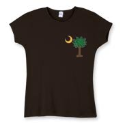 Buy a Christmas Palmetto Moon Women's Fitted Baby Rib Tee and have a Merry Christmas, South Carolina style. This version features a pocket sized version of the Christmas Tree Palmetto Moon.