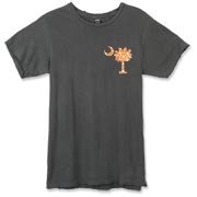 Buy an Orange Polka Dot Palmetto Moon Alternative Apparel Destroyed T-Shirt that features a orange palmetto moon with white polka dots printed smaller on the left chest area.