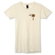 Buy a Chocolate Brown Palmetto Moon Alternative Apparel Women's Destroyed T-Shirt featuring a smaller palmetto printed on the left chest area. The palmetto moon is a symbol of South Carolina pride.