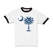 Blue Polka Dot Palmetto Moon Kids Ringer T-Shirt features a blue palmetto moon with white polka dots and is a fun variation on the South Carolina flag palmetto logo.