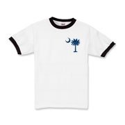 South Carolina Outline Kids Ringer T-Shirt with an outline of the state of South Carolina and the popular Palmetto Moon logo on the back and a blue palmetto moon on the front.