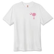 Buy a Pink Polka Dot Palmetto Moon Hanes Cool Dri T-shirt that features a pink palmetto moon with white polka dots printed smaller on the left chest area.